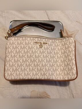 Michael Kors Cream/Beige Signature MK Logo Wristlet with Brown Trim